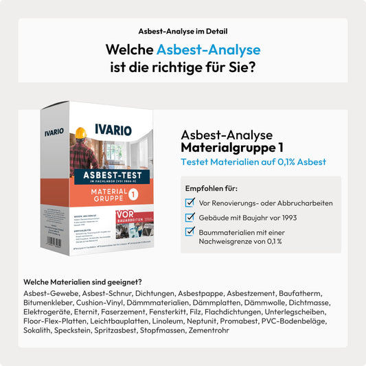 IVARIO Asbestos test including MMM for insulation boards, Eternit, linoleum, window putty, cement, PVC, seals, Baufatherm, bitumen adhesive, cushion vinyl, and more.