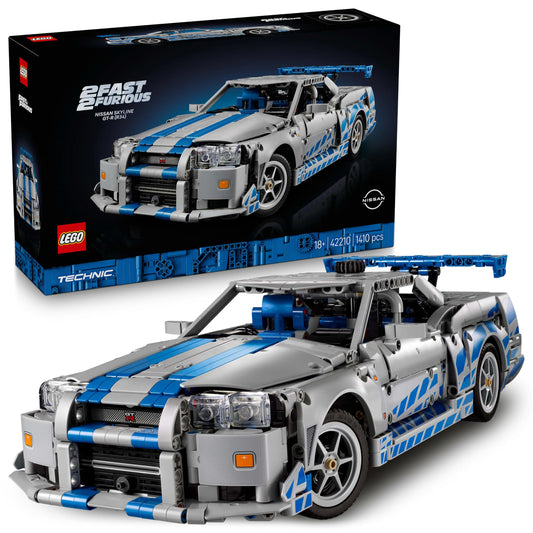 LEGO Technic 2 Fast 2 Furious Nissan Skyline GT-R R34 model building set for adults - featuring drift function, steering, suspension, and 6-cylinder engine - collector's gift for fans - 42210