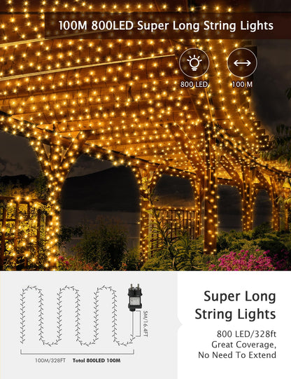 GYLIFEY outdoor fairy lights 100m Christmas fairy lights 800LED with remote control, waterproof LED fairy lights for Christmas decoration, warm white.