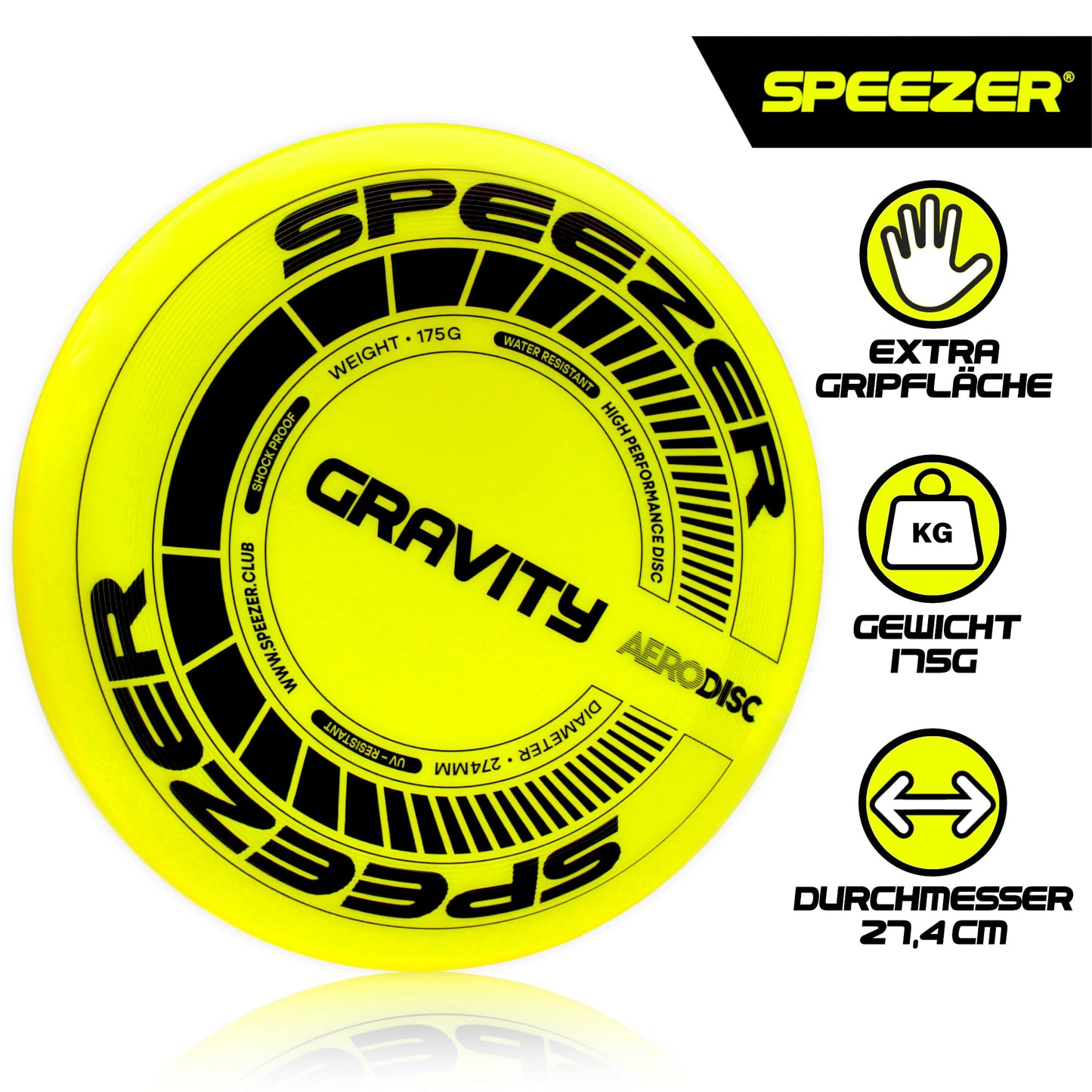SPEEZER® Gravity Frisbee 175g - the neon yellow professional throwing disc is the outdoor fun sports game - frisbee disc for children adults - ultimate flying disc beach toy frisbee ring throwing ring