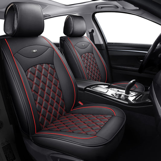 2 pieces of black and red leather car front seat covers with rhombus pattern - Universal fit for most cars - Airbag compatible - Durable faux leather - Easy installation.