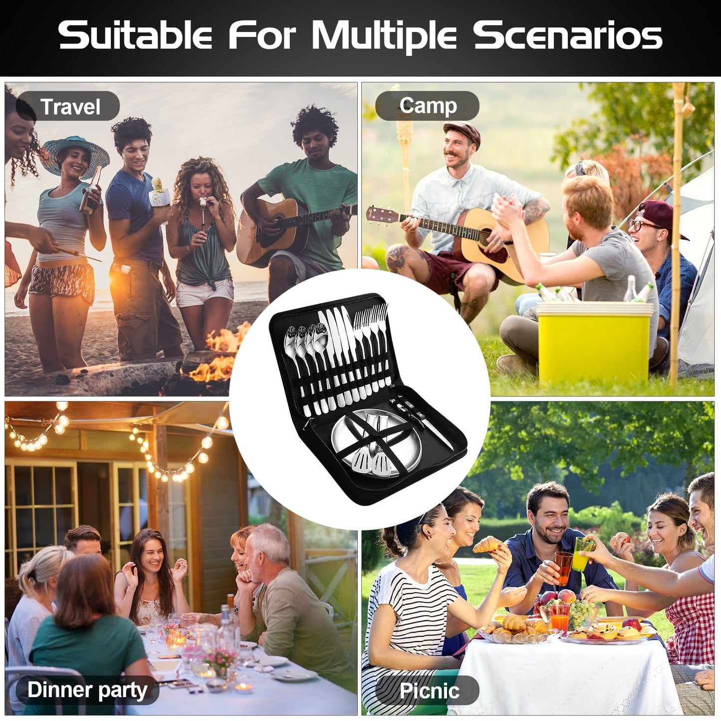 Camping cutlery set for 4 people - Stainless steel camping tableware set for outdoor, picnic and travel - with stainless steel knife, fork, spoon and plate, Portable cutlery including cutlery bag.