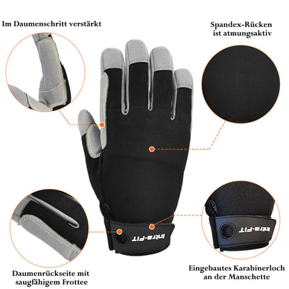 Intra-FIT climbing gloves with synthetic leather construction provide abrasion protection for rappelling, mountaineering, adventure, outdoor sports, and rescue.