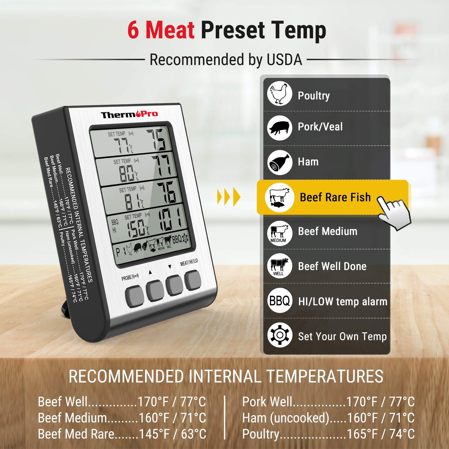 ThermoPro TP17H Digital Grill Thermometer Meat Thermometer Oven Thermometer with 4 Stainless Steel Probes, Blue Backlight, Wine Thermometer Temperature Range up to 300°C