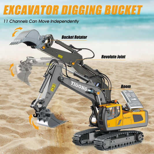 KIYTARBOO Remote Control Car Excavator Toy for ages 3 and up. Metal remote control sand vehicle, 11 channels, 2.4GHz RC excavator with lights and sound, 680° rotation. Great gift for boys aged 5-12.