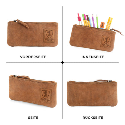 Berlin Bags Vintage leather pencil case with YKK zipper, durable pen pouch for pencils and accessories - Brown.