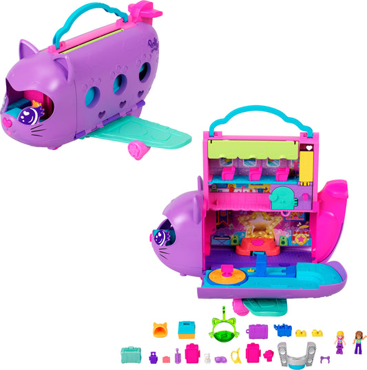 Polly Pocket dolls and playset, Kitty Airways airplane, travel toy with 2 small dolls and animal, rotating stage and accessories, HWP19