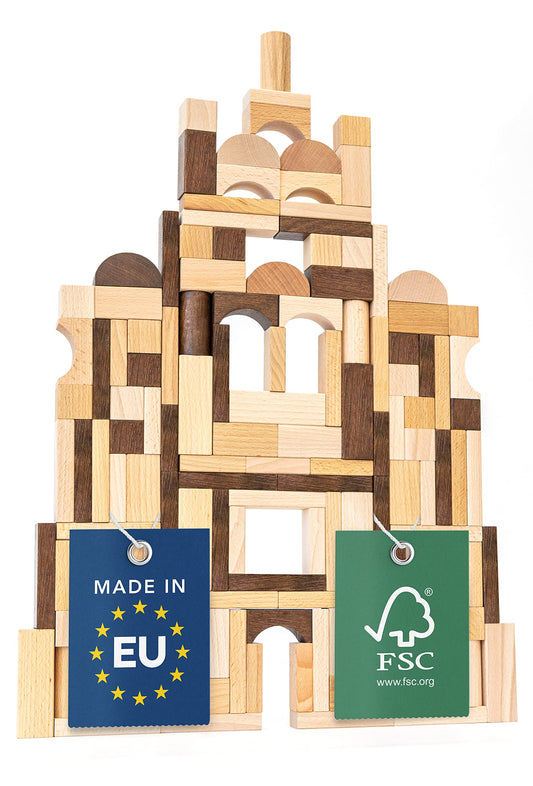 LISA & MAX Premium Wooden Building Blocks (130 pieces) from 1 year - 100% natural, Made in EU, made from FSC®-certified wood - Building blocks for children - Nature - Wooden Baby Building Blocks