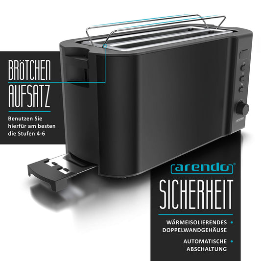 Arendo - Stainless Steel Long Slot 4 Slice Toaster - Defrost Function - heat-insulating housing - with integrated bun rack - crumb tray - display with remaining time indicator - Matt Black