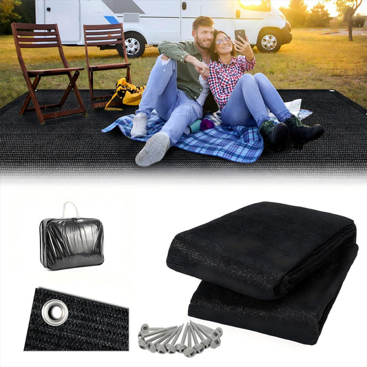 Sun World awning carpet 250x550cm, High-quality camping mat, Breathable non-slip tent carpet in black, Outdoor camping mat with 12 holes, 13 pegs, and carrying bag.