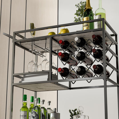 DAWNYIELD 3-tier mobile wine cart, bar serving cart on wheels with wine and glass shelves, modern rolling wine storage cart for kitchen home parties (Black)