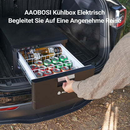 AAOBOSI 31L drawer compressor cooler, RV fridge with APP control, 12/24V, compressor refrigerator, up to -20℃ cooling drawer for car, truck, boat, RV, camping, and outlet.