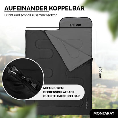 MONTARAY hooded sleeping bag rated down to -5°C with pillow included. Suitable for 3-4 seasons, this 280GSM sleeping bag is ideal for both winter and summer outdoor use. Designed for both men and women, it is warm and ultra-lightweight.