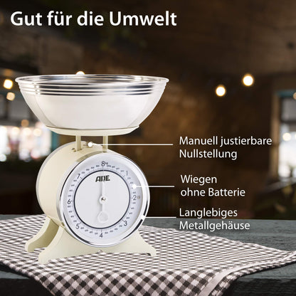 ADE Retro-style mechanical kitchen scale | precise display up to 8 kg | classic analog metal bowl scale | high-quality removable stainless steel bowl | cream white