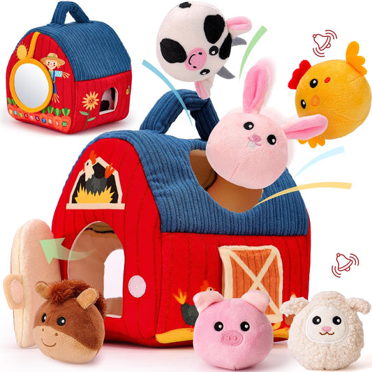 hahaland Baby Toys 6-12 Months - Farm Original Montessori Sensory Toy with Barn · 6 Animal Rattles & Mirror · Kids Motor Skills Toy 1-3 Years · Christmas and Easter Gift