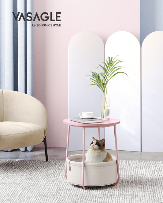 VASAGLE Round Side Table, Small End Table, Small Coffee Table, Living Room Table, Fabric Basket, Storage for Living Room Bedroom, Modern Nightstand, Pastel Pink-Cream White LET223R61