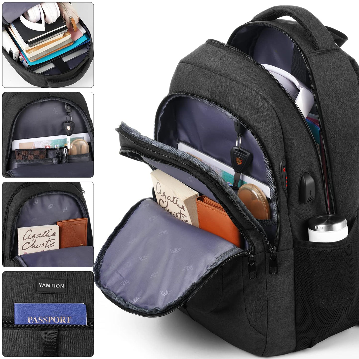 YAMTION Black Backpack for Men and Women, Unisex School Backpack for Teenage Boys Girls 17.3 Inch Laptop Backpack School Bag with USB for College School Work Office