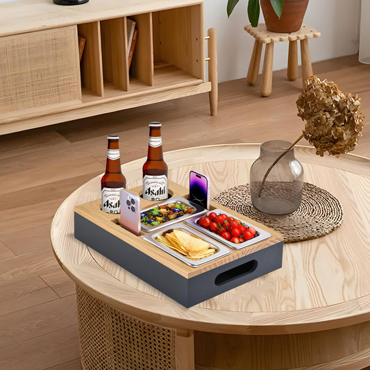 Couch bar snack box, coffee bar with stainless steel snack bowls, bamboo black couch tray, sofa shelf - for bedroom, living room, camping, garden (wood-gray)