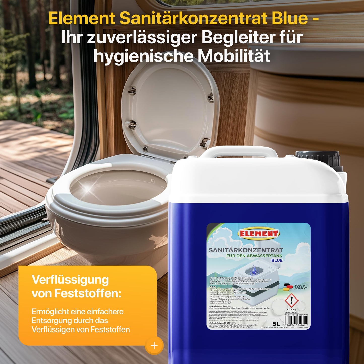 Sanitary fluid I Blue I Sanitary concentrate I 5 liters I Camping toilet waste tank I Toilet sanitary fluid for camping toilet waste tank I Sanitary additive I Toilet additive