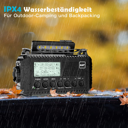 Crank radio DAB/FM, portable solar radio with LED flashlight & reading light, DAB+/FM dynamo radio IPX4, 5000mAh rechargeable emergency radio and SOS alarm. Suitable for hiking, camping, outdoor activities.