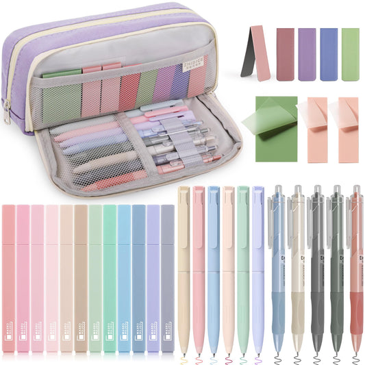 COZCLAM 32pcs School Supplies Aesthetic with Purple Pencil Case, 12 Pastel Highlighters, 5 Black Gel Pens, 6 Color Pencils, 5 Bookmarks, and Sticky Notes, Aesthetic School Stuff Clean Girl School Accessories