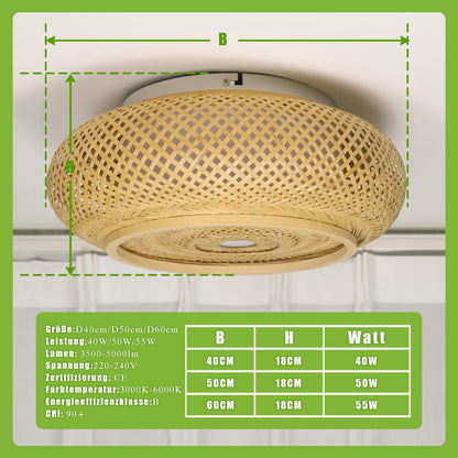 Bamboo LED ceiling light with remote control, dimmable handwoven natural wood lamp. Retro rattan design, 50W, round shape for bedroom, living room, hallway, 50cm.