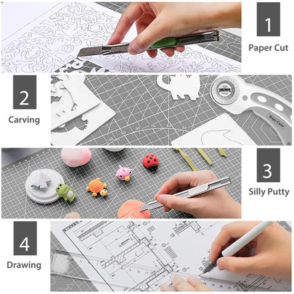Miuzei Cutting Mat A3 A2 with rotary cutter and replacement blades, self-healing craft mat in gray, cutting mat with double-sided grid markings for schools and families.