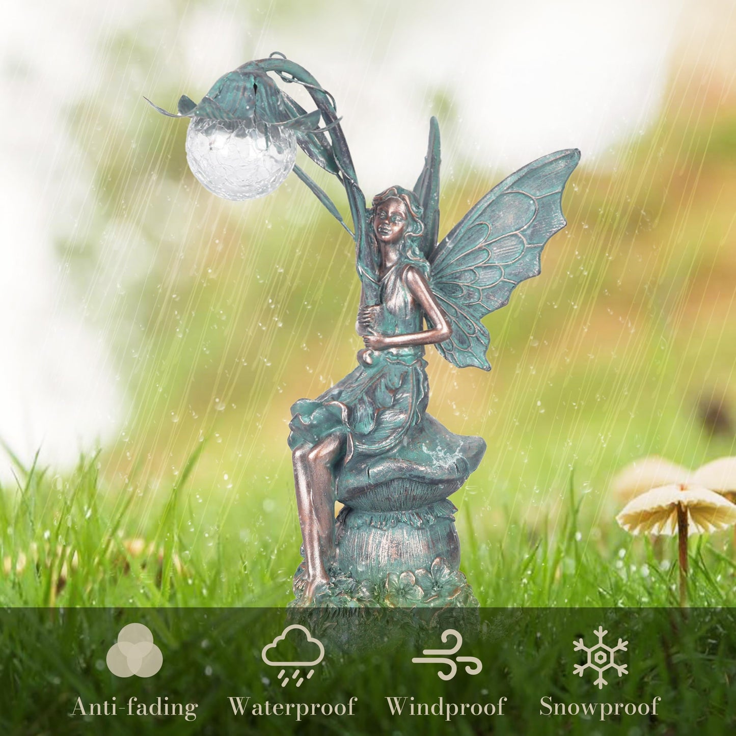 TERESA'S COLLECTIONS Outdoor garden decor, garden statues for outside, 35cm sitting fairies with solar glass ball lighting made of polystone, bronze fairy statue solar fairy.