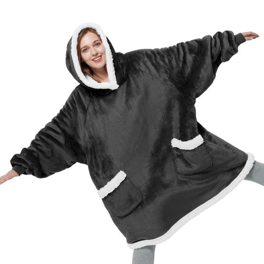 BEDSURE Hoodie Blanket with Sleeves and Hood - Sherpa Blanket Sweatshirt as Gifts for Women, Oversized Cozy Sweater for Ladies, Wearable Blanket for Adults Anthracite 95x83 cm