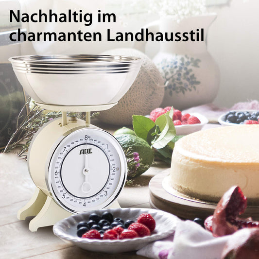 ADE Retro-style mechanical kitchen scale | precise display up to 8 kg | classic analog metal bowl scale | high-quality removable stainless steel bowl | cream white