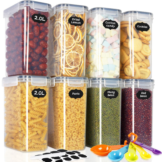 Cinnani 2L storage container set, set of 8 airtight storage containers with lids, cereal dispenser & food storage containers, BPA free kitchen storage box for storing pasta, cereal, rice, flour