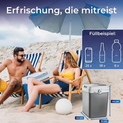 KLAMER electric cooling box 25 liters with cooling and warming function, 2 connections: 230V & 12V for cigarette lighter, car cooling box for camping, garden & outings, gray