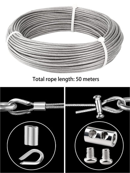 TooTaci 3mm Wire Rope Set for indoor use - 50M PVC coated stainless steel cable with M3 rope end sleeves & carbon steel wire rope clamps - Perfect for hanging, curtain wire, and indoor lighting.
