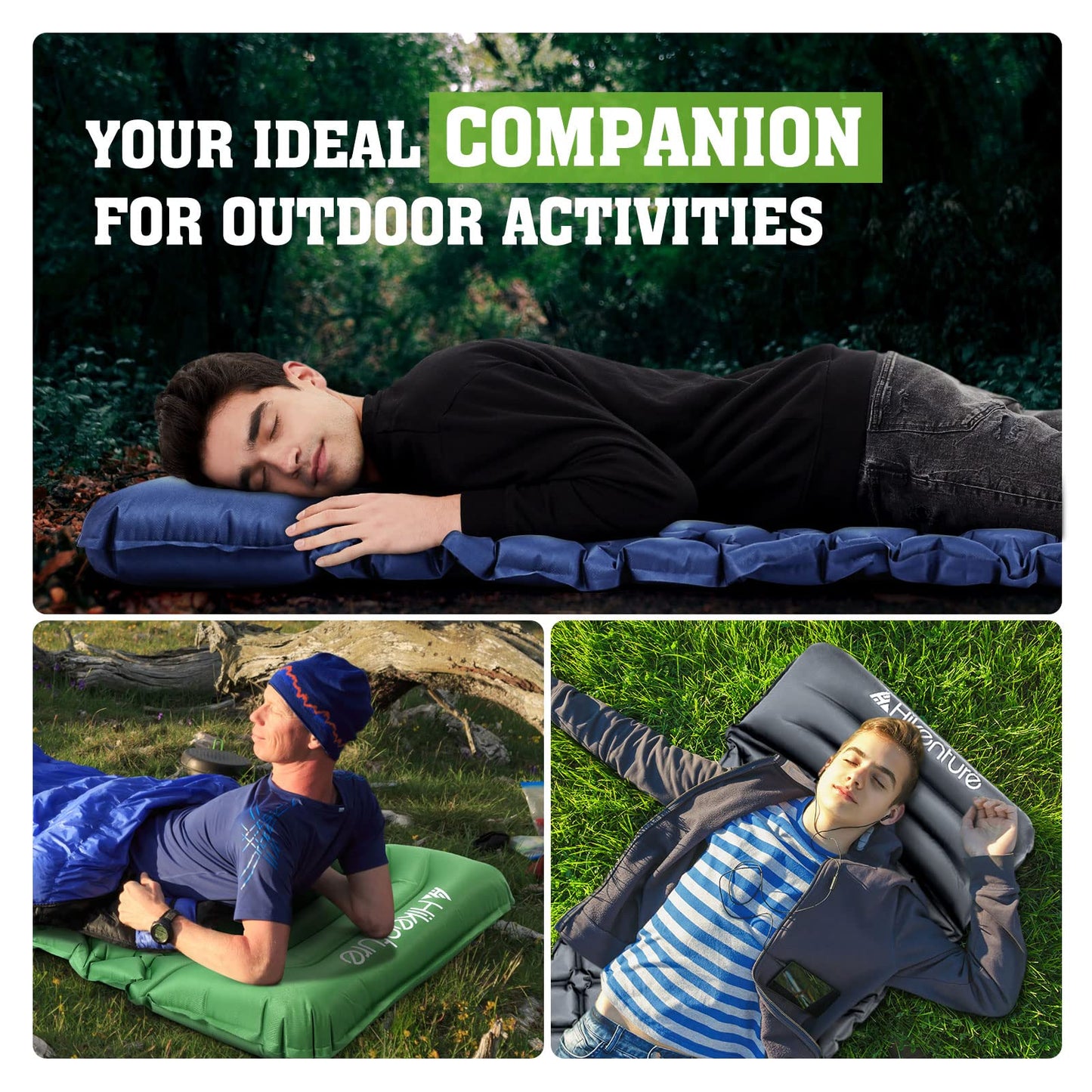 HIKENTURE sleeping pad for camping, trekking, and backpacking. Inflatable air mattress with small pack size and ultralight design. Grey with pillow.