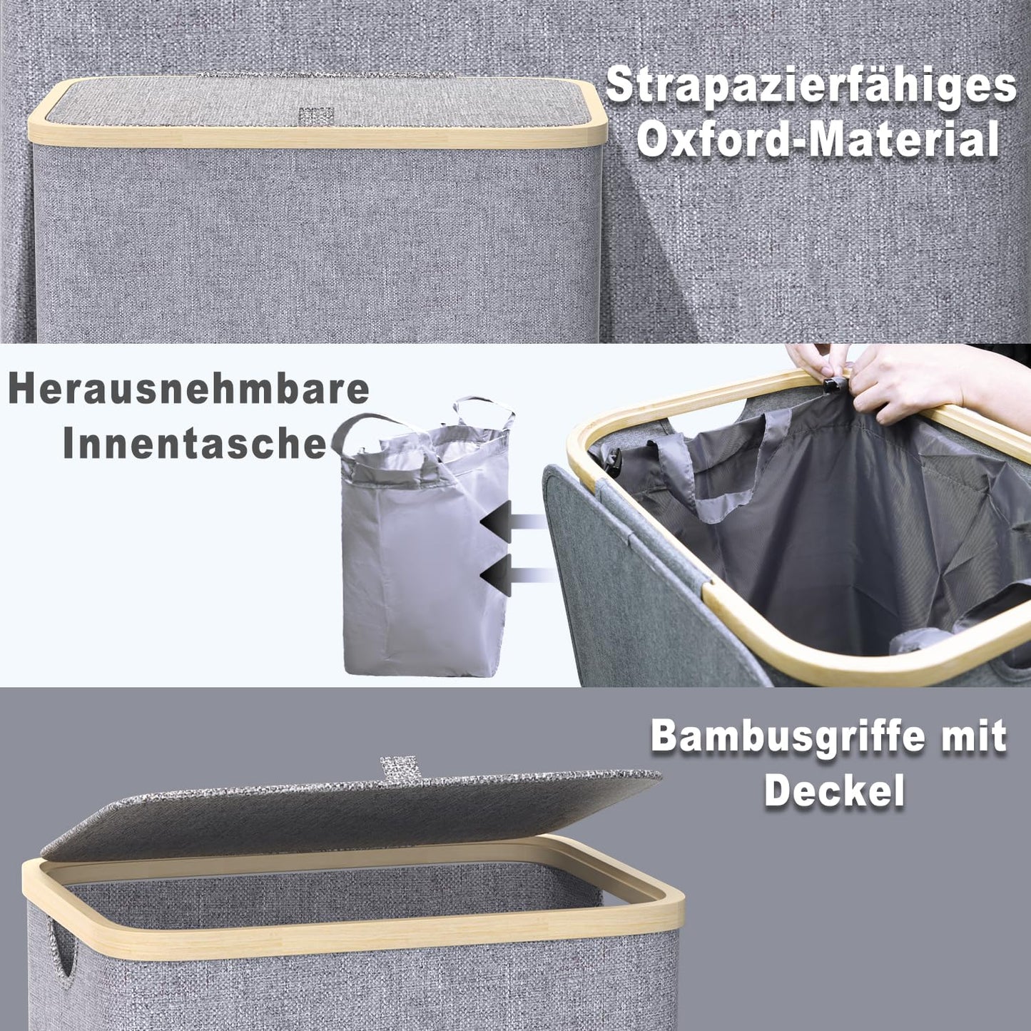 Laundry basket with lid 100L, large slim laundry collector with removable laundry bag Laundry baskets laundry cabinet laundry chest laundry bin for dirty laundry Gray