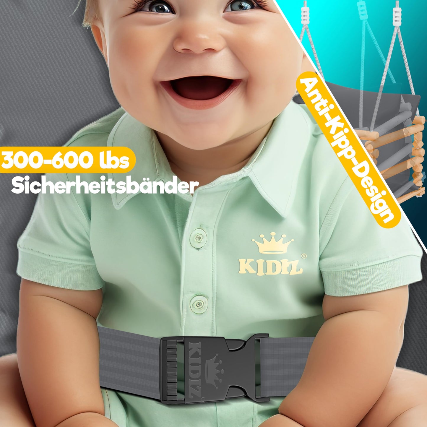 KIDIZ® Baby Swing Seat with Padding | Wooden Swing with Anti-Tip up to 60KG | Adjustable Height Indoors & Outdoors | 0.5-3 years | Mounting Accessories & Safety Belt Anthracite
