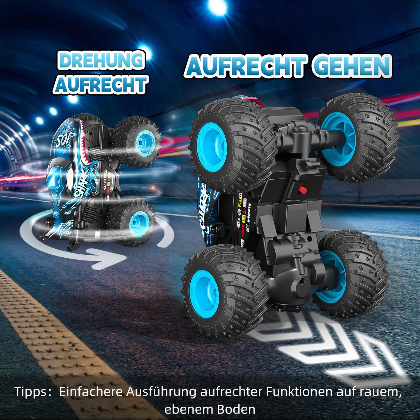 Sunrad Remote Control Car for ages 3-9, RC Monster Truck with 360° upright spin, LED lights and music, Rechargeable RC car toy and gift for kids.