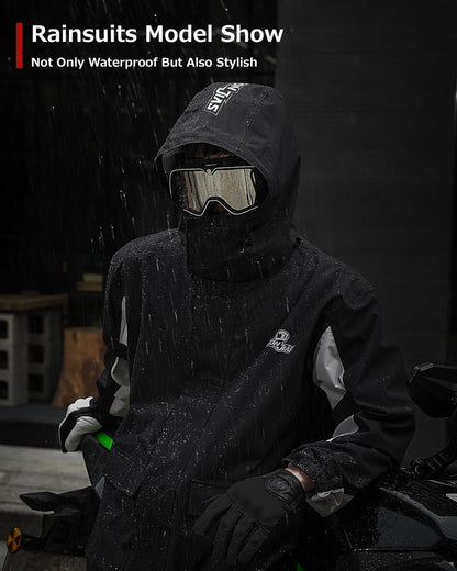 IRON JIA's men's motorcycle rain suit waterproof windproof breathable reflective with hood with zipper high-quality outdoor raincoat-black-L