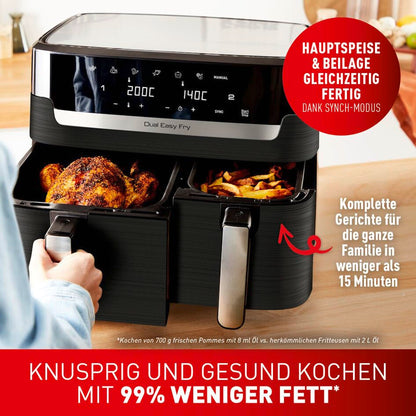 Tefal Dual Easy Fry hot air fryer with two chambers, 5.2/3.1 L capacity, two independent drawers, 7 automatic programs, energy-saving, black, EY9018.