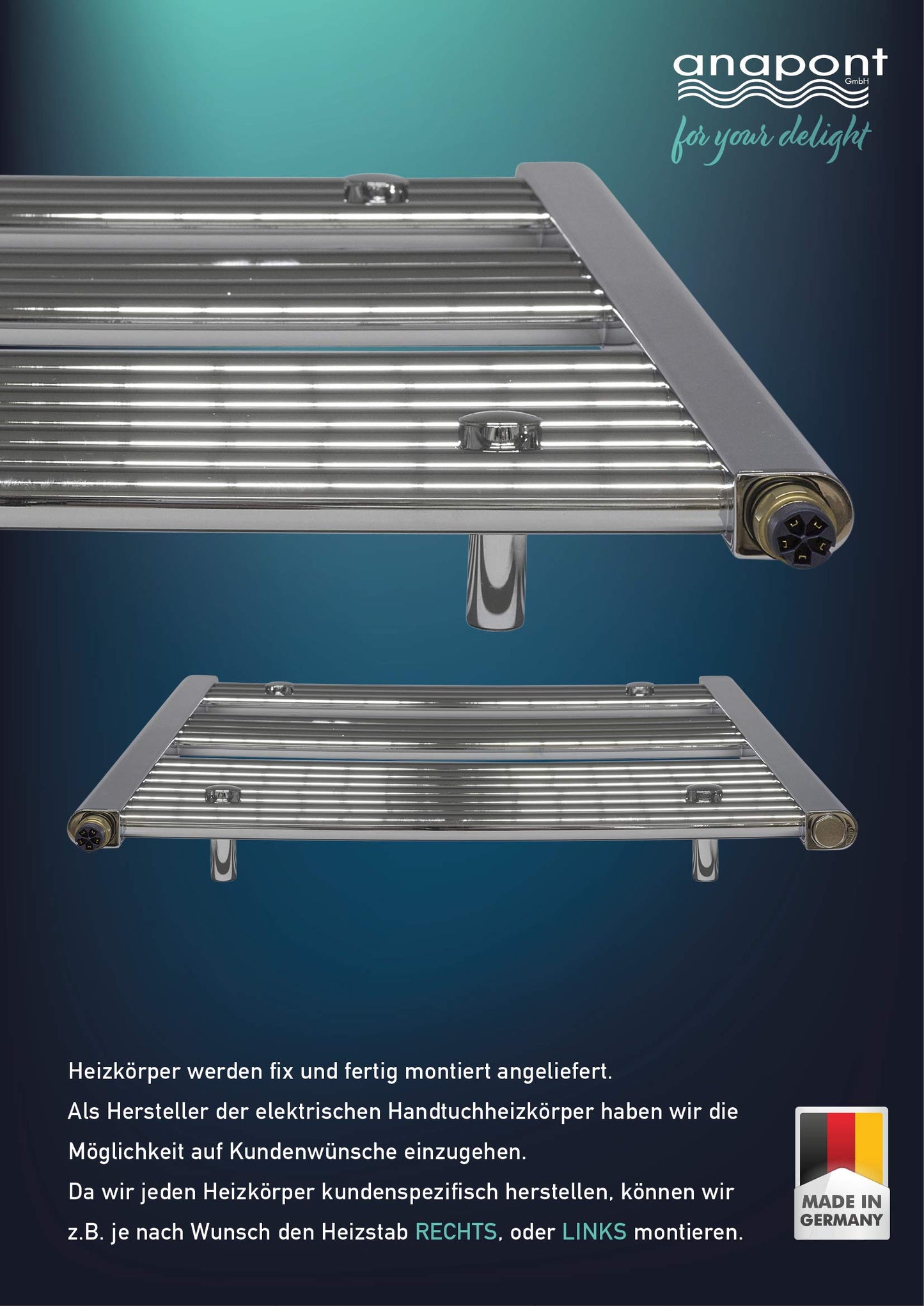 anapont electric bathroom radiator - straight - chrome - timer function - towel radiator - electric bathroom heating - towel heating - Made in Germany (KTX 3, 1775h x 500w)