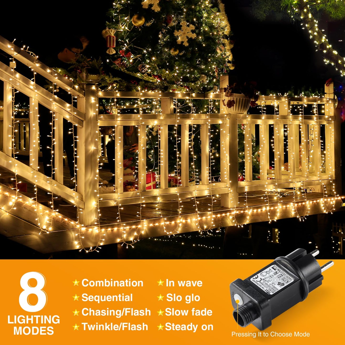 GlobaLink 100M Christmas Lights Outdoor, 1000LED String Lights Outdoor Plug-in Balcony Warm White Waterproof IP44 with 8 modes for indoor and outdoor Christmas railing balcony garden decoration.