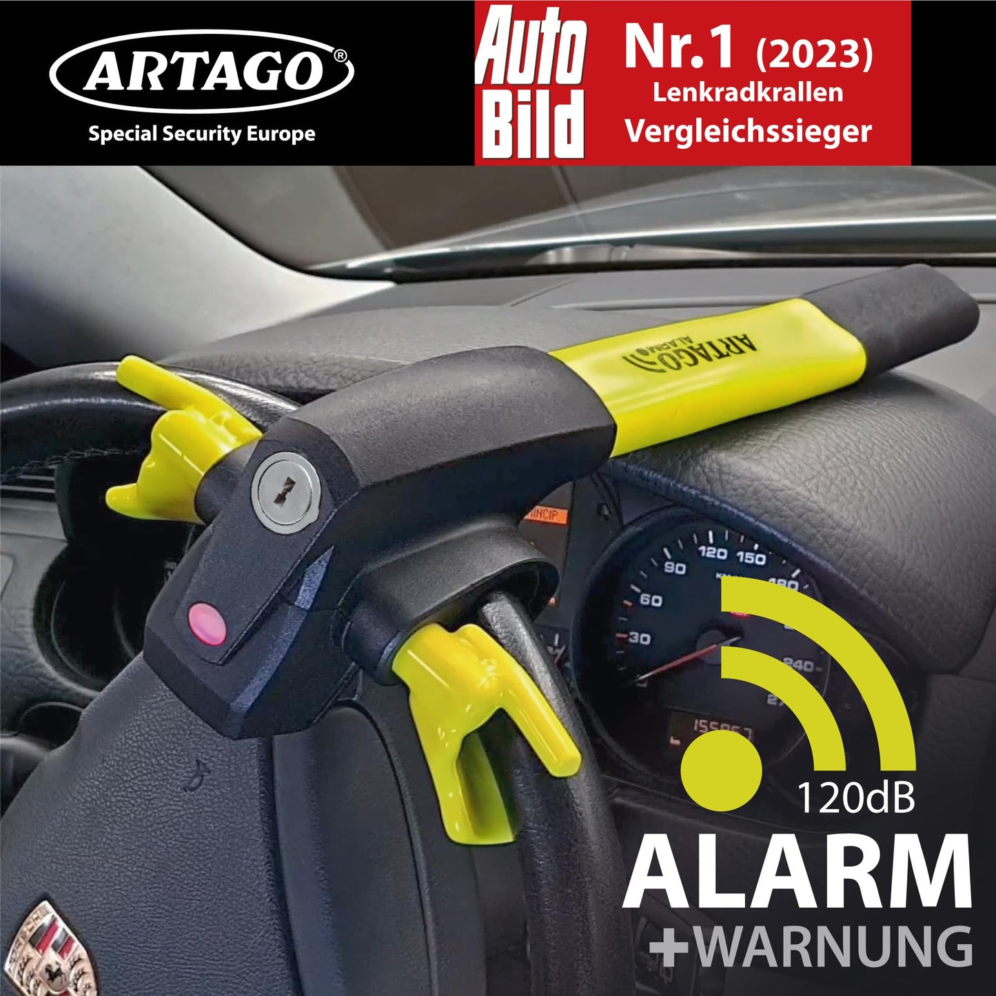 ARTAGO 870 High-quality steering wheel lock, 2in1 steering lock with/without alarm Don't Touch 120dB+LED, steering wheel lock. Secure and deterrent around the steering wheel spoke, best anti-theft protection for cars.