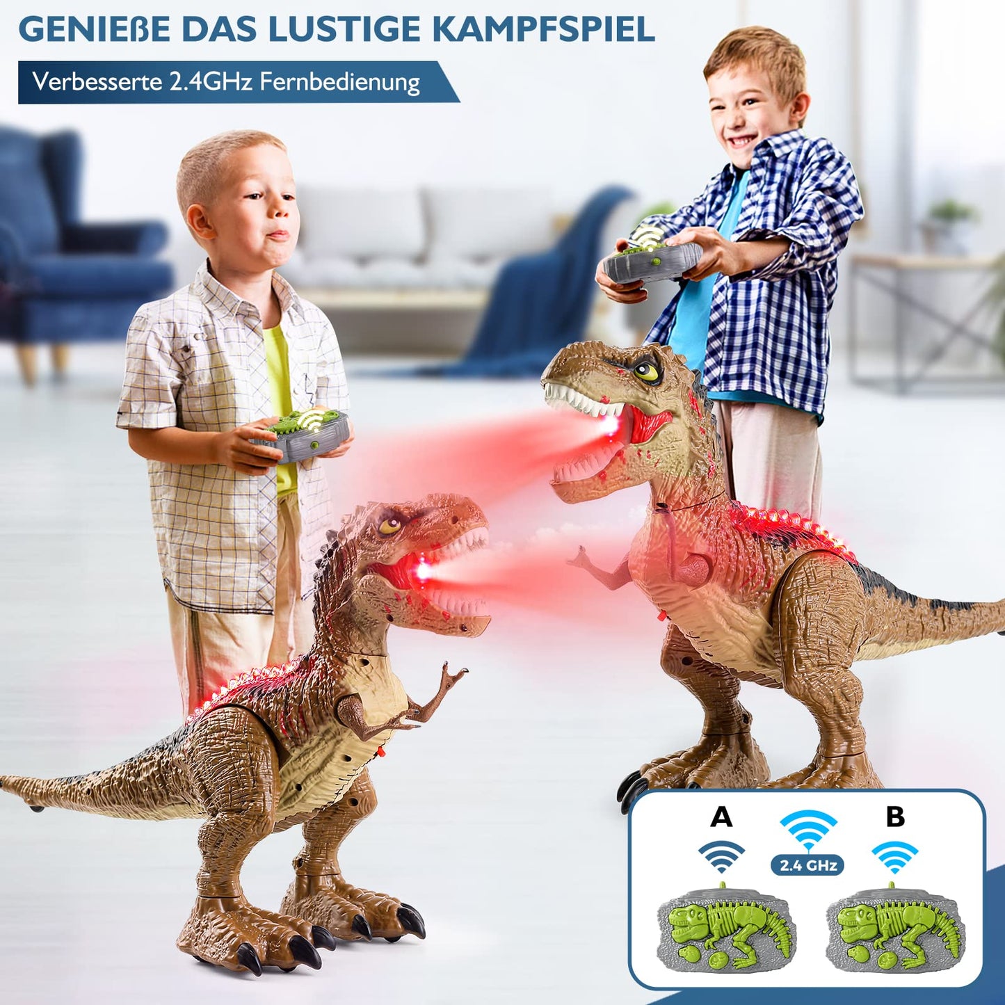BAZOVE 2.4GHz remote control dinosaur toy with 360° spin stunt, spraying function, roaring, and LED light, electronic T-Rex dino toy gift for boys girls 3+ years old.