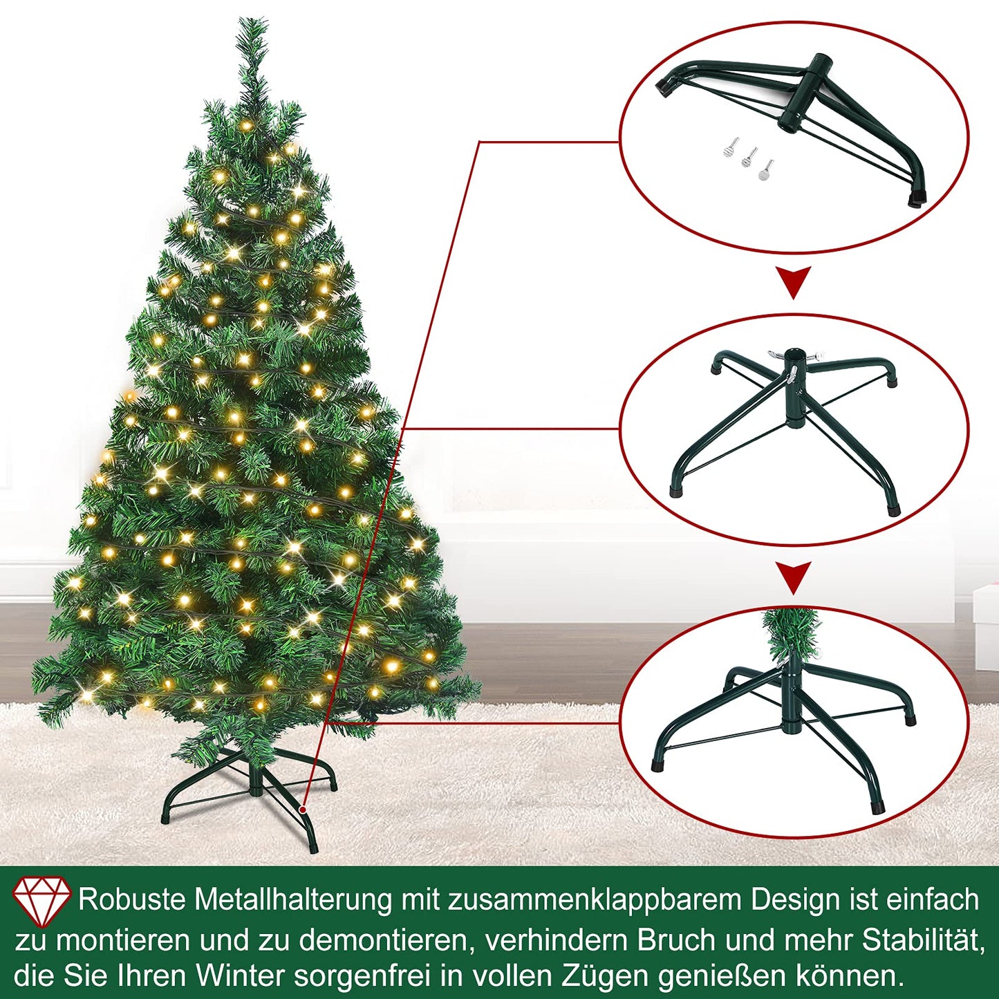 Artificial Christmas tree with lighting 180 warm white LEDs including metal stand 367 tips, PVC Christmas tree for Christmas decoration reusable (150cm, Green PVC+LED)