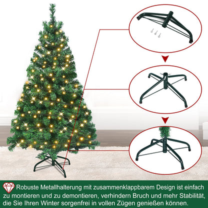 Artificial Christmas tree with lighting 180 warm white LEDs including metal stand 367 tips, PVC Christmas tree for Christmas decoration reusable (150cm, Green PVC+LED)
