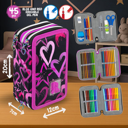 Girl 3-compartment pencil case - 45 pieces, fully filled - with 2 erasable gel pens, scissors, glue, colored pencils - ideal for school & as a gift - Julian Ross Hearts and Stars