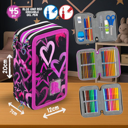 Girl 3-compartment pencil case - 45 pieces, fully filled - with 2 erasable gel pens, scissors, glue, colored pencils - ideal for school & as a gift - Julian Ross Hearts and Stars