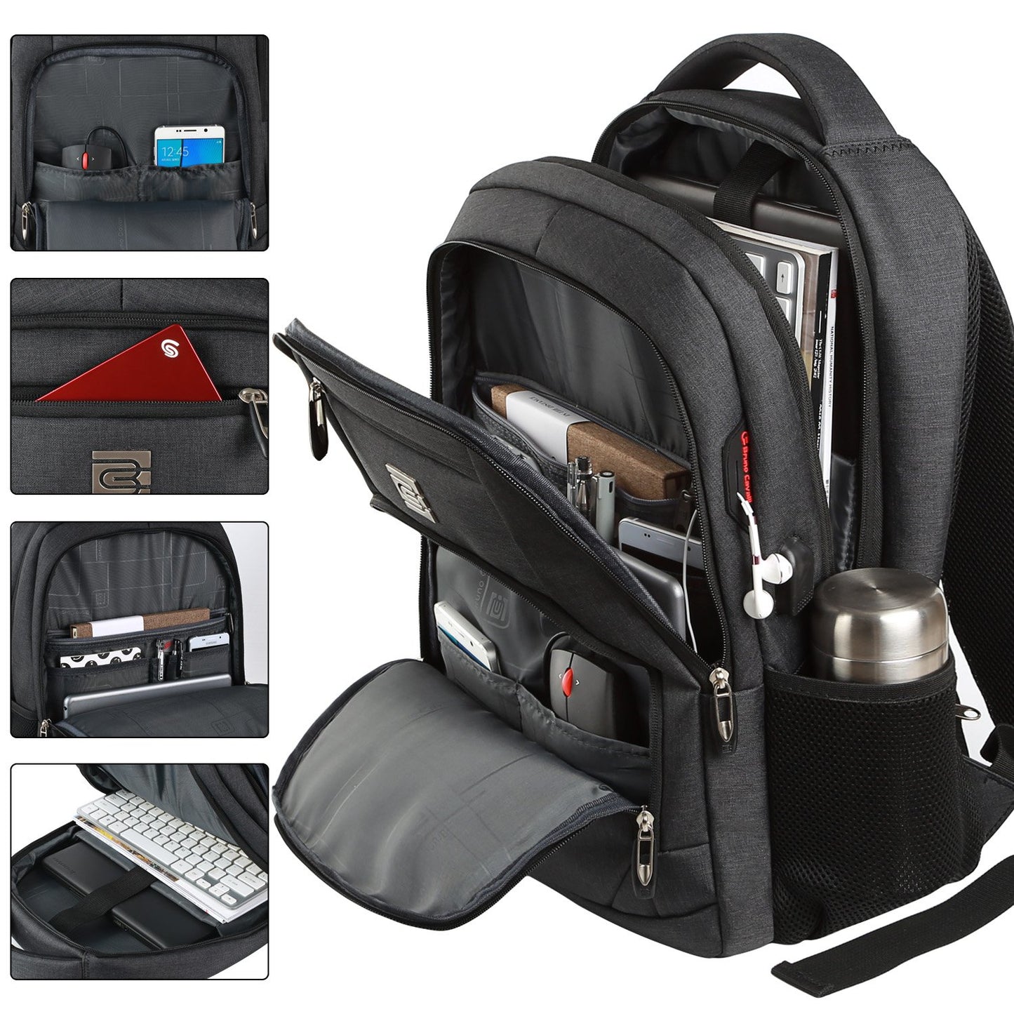 Marcello laptop backpacks with USB charging port for men and women for work school college school backpack for boys teenagers with laptop compartment & anti theft pocket (black, 15.6 inch)
