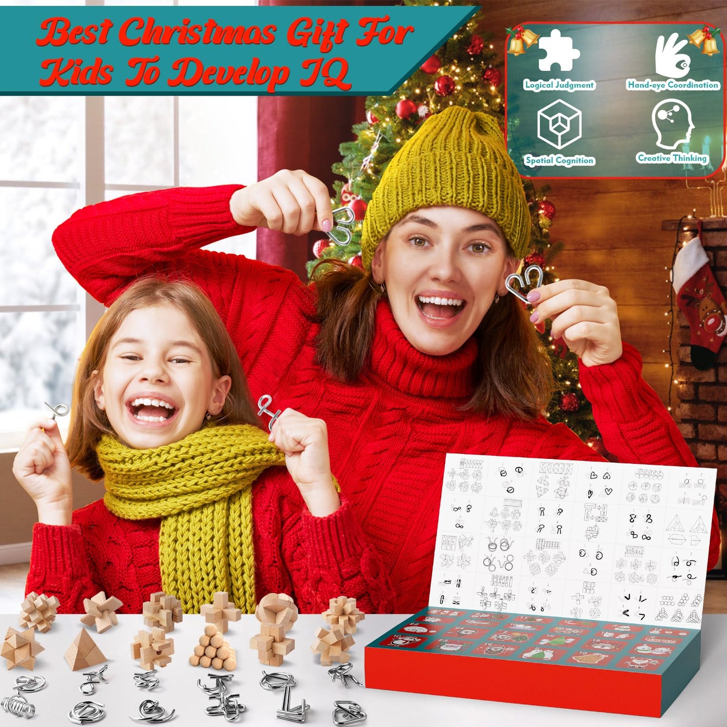 Puzzle Advent Calendar 2025 for Children & Adults - 24 days of Christmas gifts with metal brain teasers and wooden puzzles, skill games, IQ puzzles for boys, girls, teenagers.
