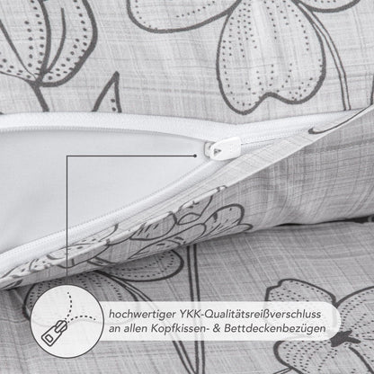 Pure label floral bedding 155x220 cm with one pillowcase 80x80 cm - Dreamily soft bedding set in grey made of 100% cotton with YKK zipper.